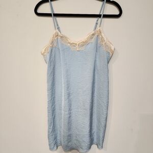 Slip Mini Dress Baby Blue with Beige Lace Trim.